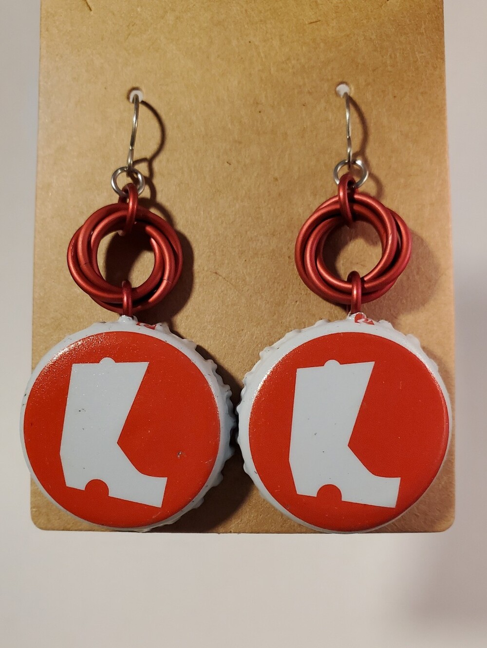 Upcycled Red Bottle Cap Boot Earrings